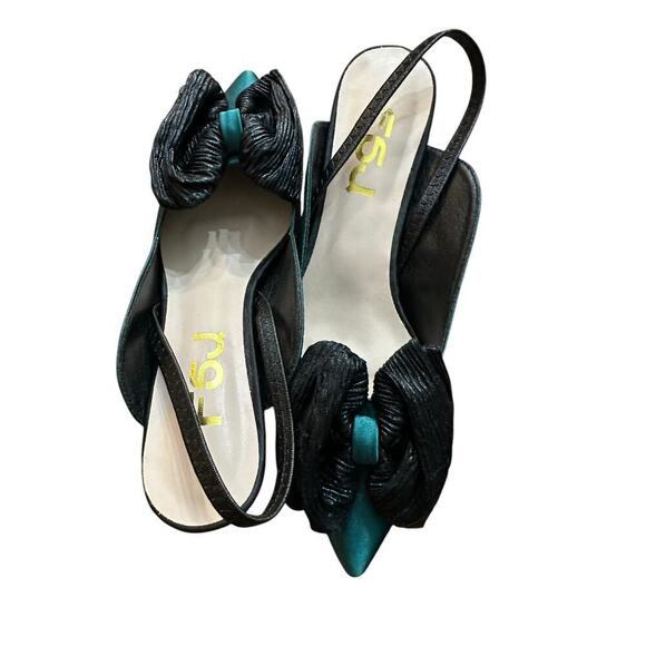 FSJ Green Satin Pointed Toe Low Heel Black Bow Slingback Pump Heels Size 7 - Picture 4 of 11
